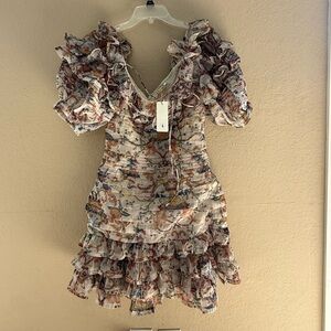 Ruffled Floral Mini Dress in Cream and Multicolor